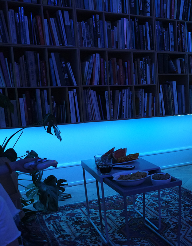 photo of a room in colored blue-colored light